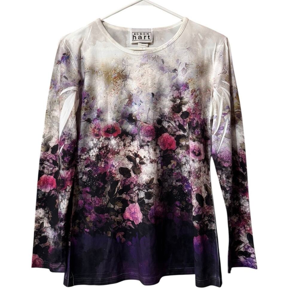 Keren Hart Women Size Medium Floral Popover‎ Long Sleeve Floral Blouse Stretch